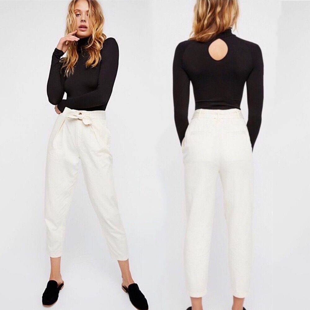 Free People Size 2 High-Waisted ‘90s Peg Pants Ivory Tie Waist Tapered Leg